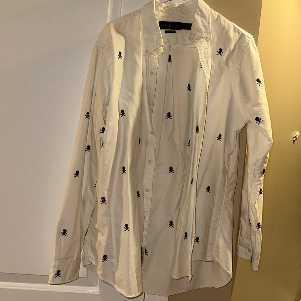Men’s Ralph Lauren embroidered black skull and crossbones white long sleeve